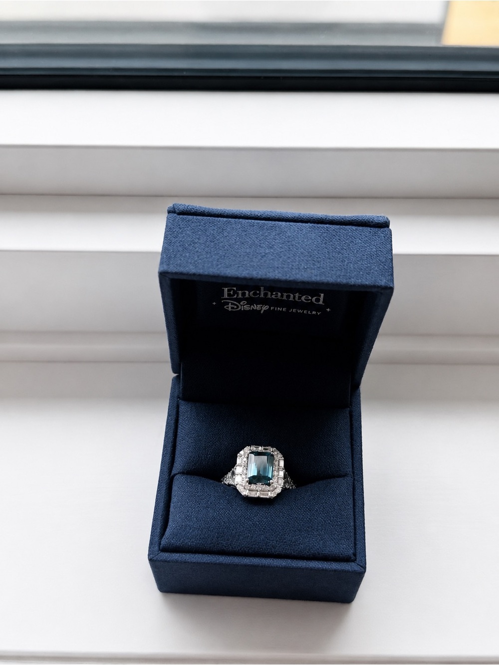 Disney Cinderella London Blue Topaz & Diamond Halo Ring 14K White Gold Size 8